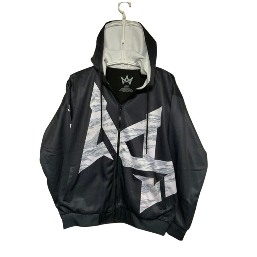 NEACE Mens Large Black Gray Graphic Hooded Full Zip Windbreaker Jacket USED
